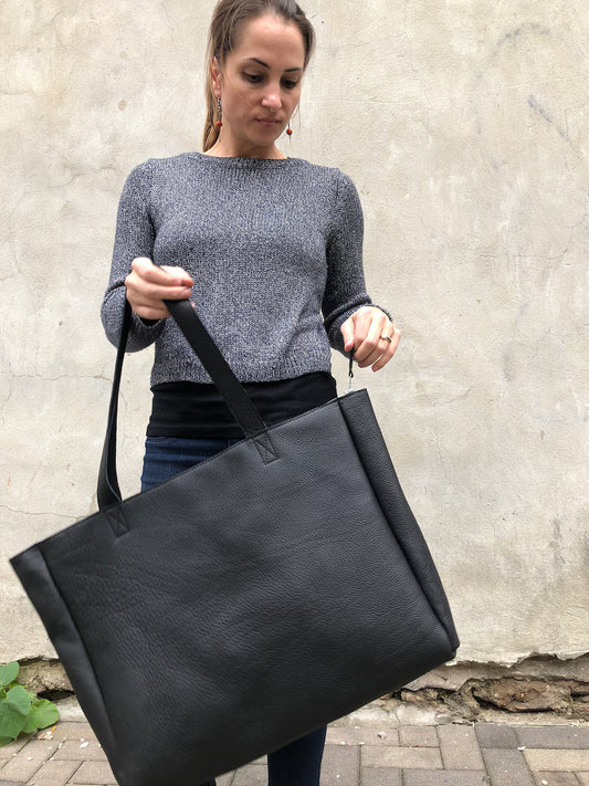 Extra large black leather tote bag , Oversized work and travel computer bag, Large shopping bag, 24” x 15” Handmade in USA